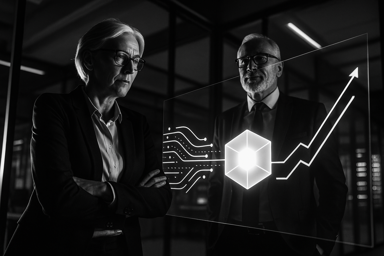 Photorealistic highcontrast office scene at night two senior professionals marketing manager and CEO stand in a modern glasswalled workspace lit by dr