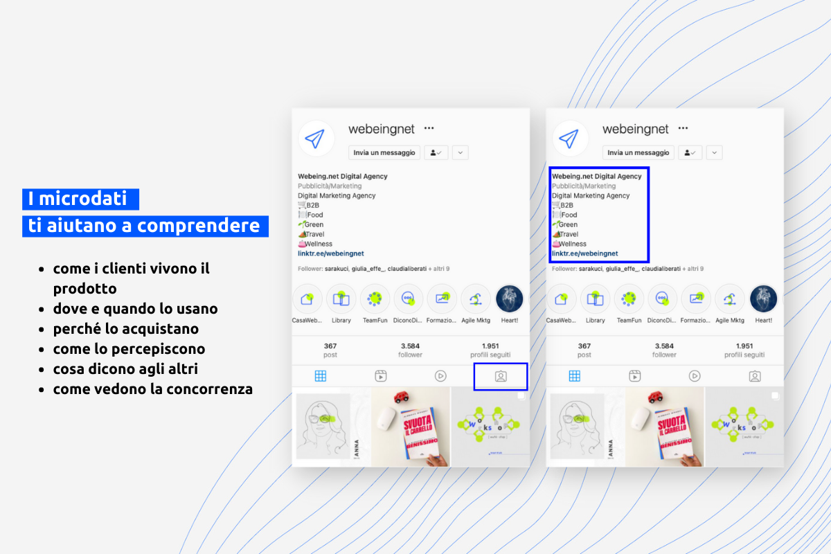 Dove sono e cosa ci dicono i micro dati: un esempio sono i social e le informazioni della bio e delle tab.