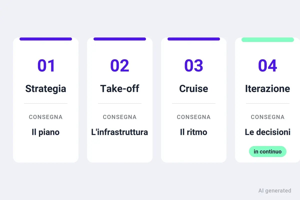 Le quattro fasi di un progetto: strategia consegna il piano, take-off l'infrastruttura, cruise il ritmo di lavoro, iterazione le decisioni.