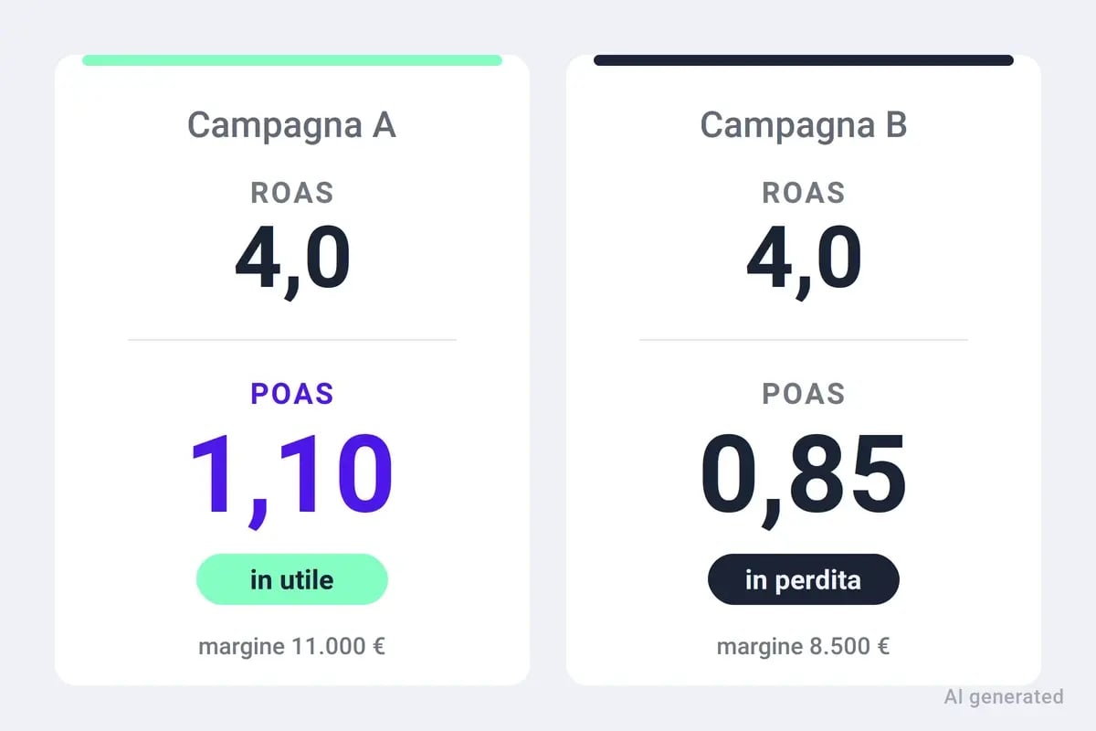 Alt text: Confronto tra due campagne con ROAS 4,0: la prima ha un POAS di 1,10 e 11.000 euro di margine, la seconda un POAS di 0,85 e 8.500 euro di margine.