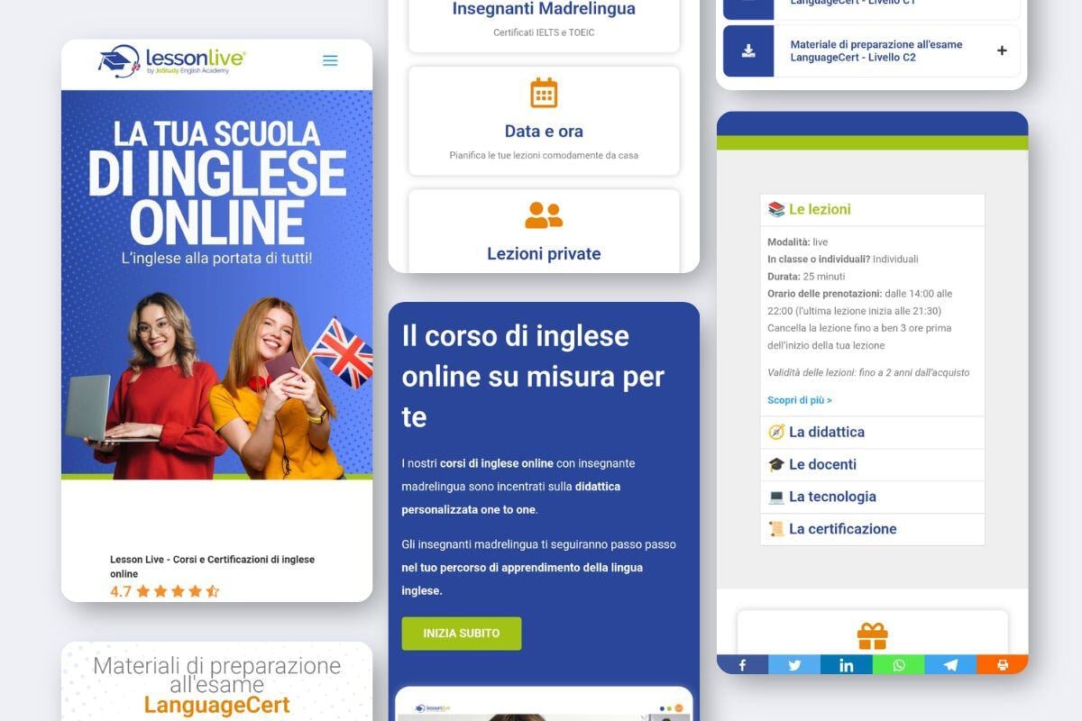 Mockup della piattaforma Lesson Live, interfaccia mobile per la prenotazione di lezioni di inglese online