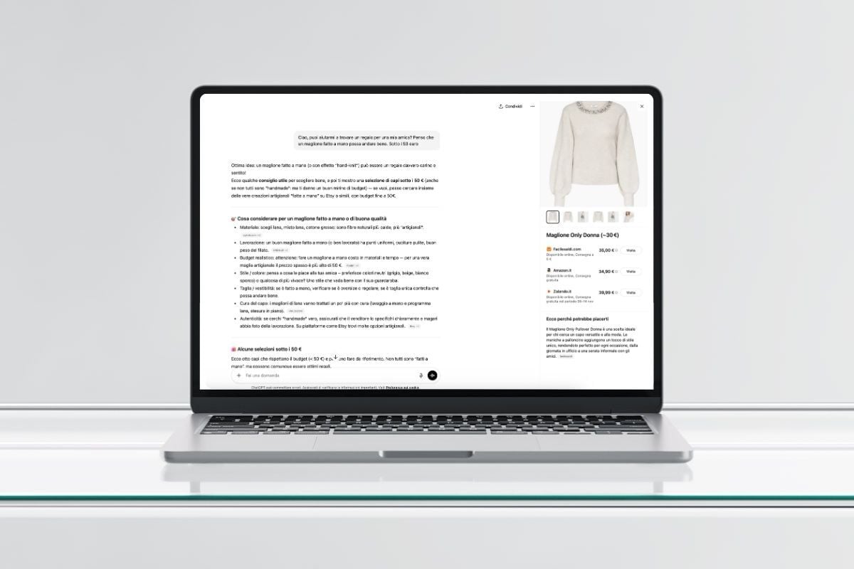 lt Text: Visualizzazione di una chat con un LLM che mostra un Prompt seguito da un'opzione di Instant Checkout (Commercio Agentico).